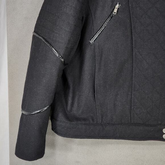 ASOS Quilted Moto Jacket 14 Women Black Bomber Wool Faux Leather Trim Biker READ - Picture 9 of 15